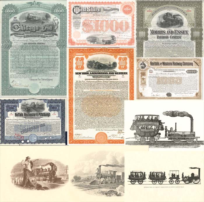Collection of 6 Railroad Bonds & Prints - Chicago Erie, West Shore, Morris Essex, Buffalo Rochester Pittsburgh, New York Lackawanna Western and Norfolk Western