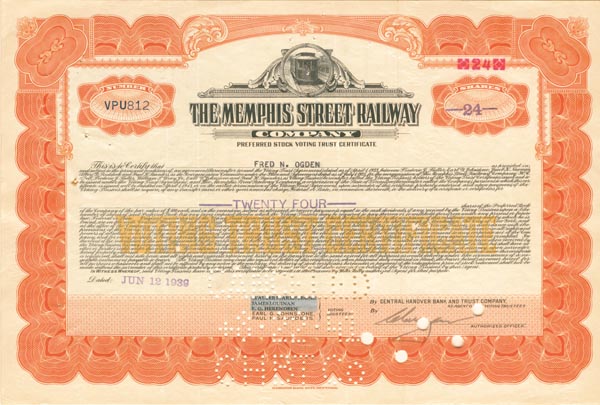 Memphis Street Railway Co. - Tennessee Railroad Stocks