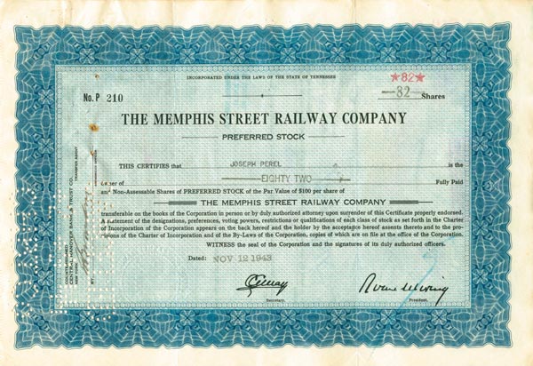 Memphis Street Railway Co. - Stock Certificate