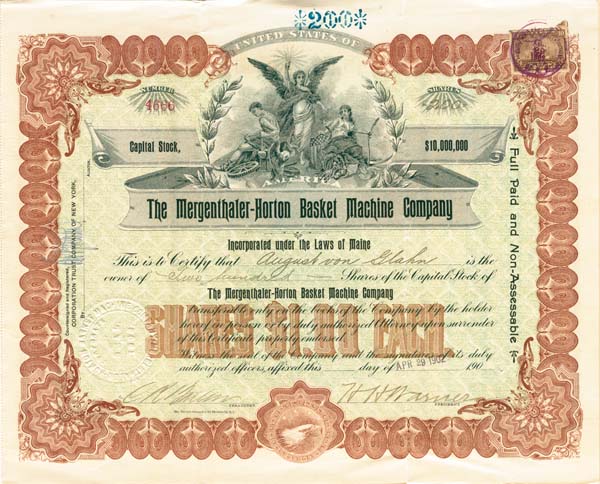 Mergenthaler-Horton Basket Machine Co. - Stock Certificate