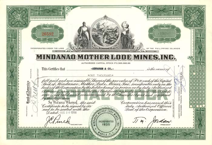 Mindanao Mother Lode Mines, Inc. - Stock Certificate