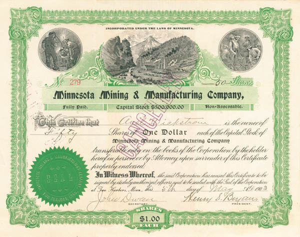 John Dwan and E. B. Ober, Henry S. Bryan, or Henry W. Cable - 3M - Minnesota Mining and Manufacturing Co - Stock Certificate