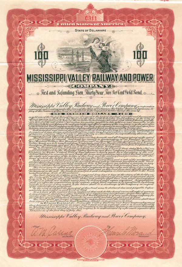 Mississippi Valley Railway and Power Co. - Bond (Uncanceled)