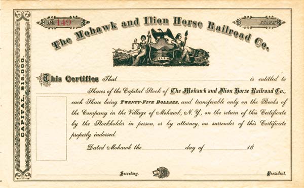 Mohawk and Ilion Horse Railroad - Stock Certificate