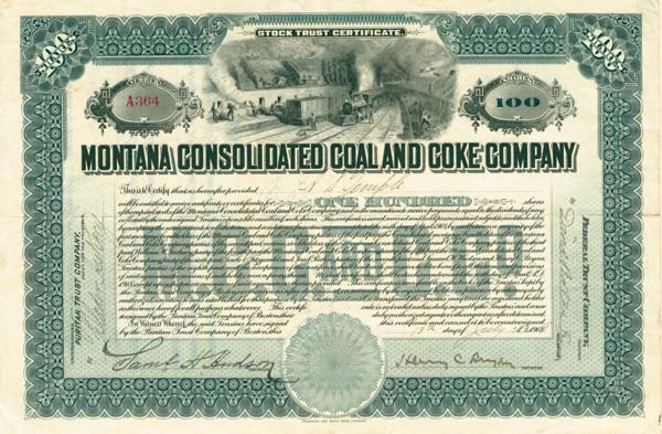 Montana Consolidated Coal and Coke Co. - Stock Certificate