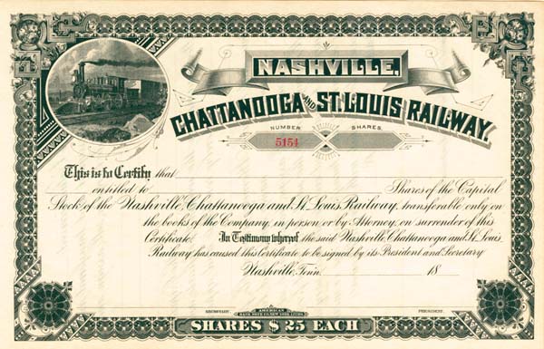 Nashville, Chattanooga and St. Louis Railway - Stock Certificate