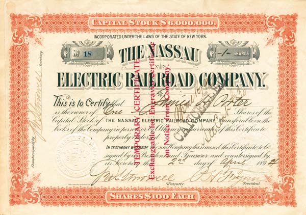 Nassau Electric Railroad - Stock Certificate