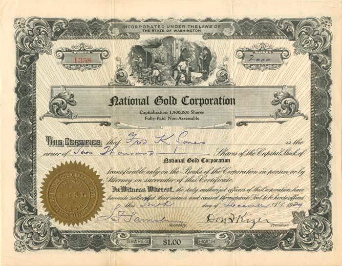 National Gold Corporation - Stock Certificate