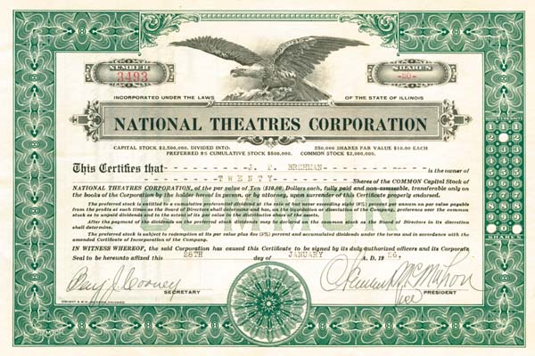 National Theatres Corporation - Stock Certificate