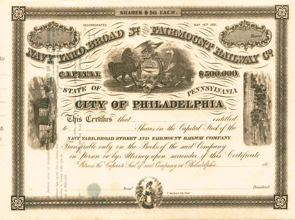 Navy Yard, Broad St. and Fairmount Railway - Stock Certificate