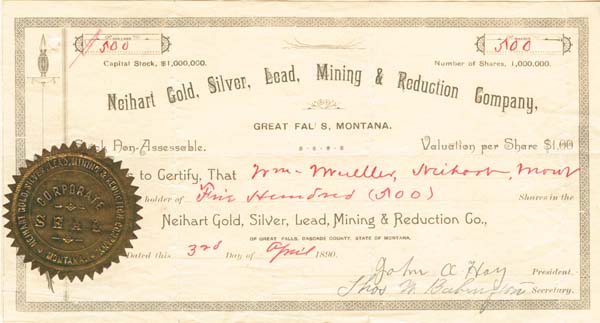 Neihart Gold, Silver, Lead, Mining and Reduction Co. - Stock Certificate