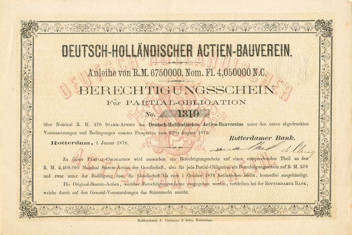 Deutsch-Hollandischer Actien-Bauverein - Stock Certificate