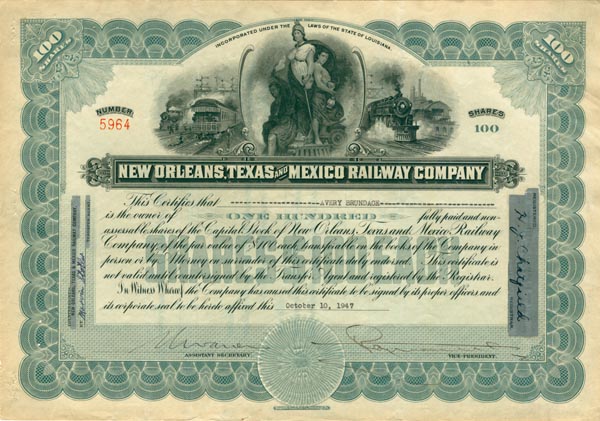 New Orleans, Texas and Mexico Railway - Stock Certificate