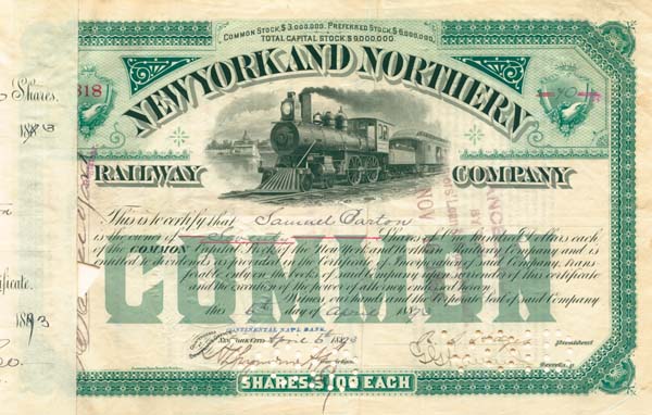 New York and Northern Railway Co. - Stock Certificate