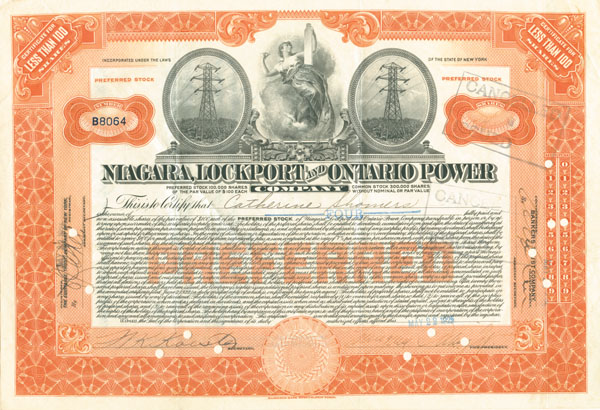 Niagara, Lockport and Ontario Power Co. - Stock Certificate