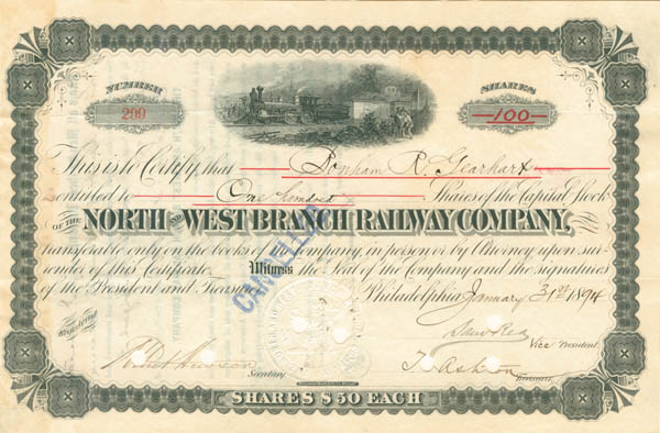 North and West Branch Railway Co. - Stock Certificate