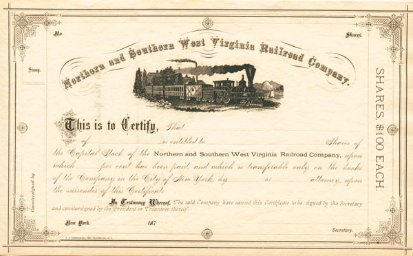 Northern and Southern West Virginia Railroad - Stock Certificate