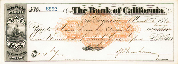 Bank of California - 1870's dated Check