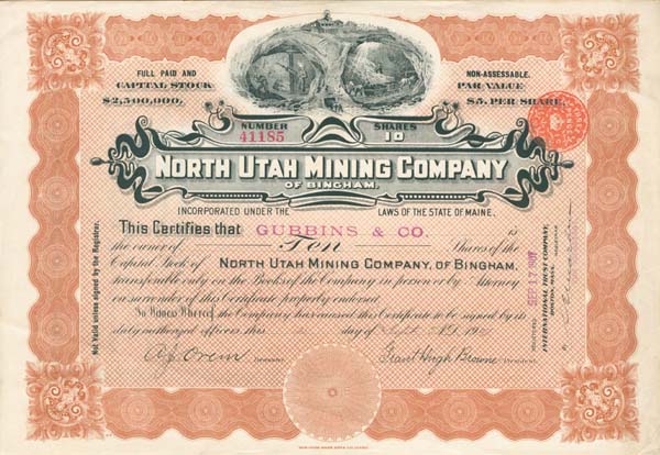 North Utah Mining Co. of Bingham - Stock Certificate