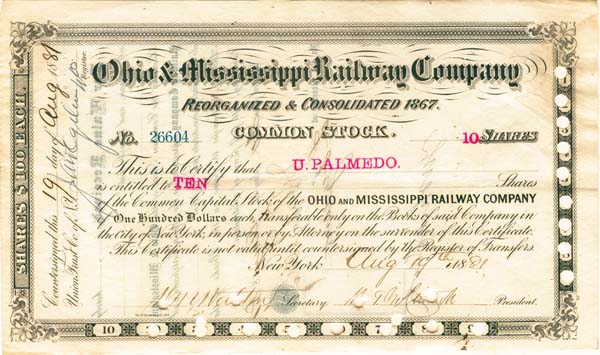 Ohio and Mississippi Railway Co. - Stock Certificate