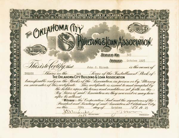 Oklahoma City Building and Loan Association - Stock Certificate