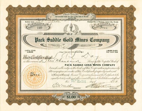 Pack Saddle Gold Mines Co. - Stock Certificate