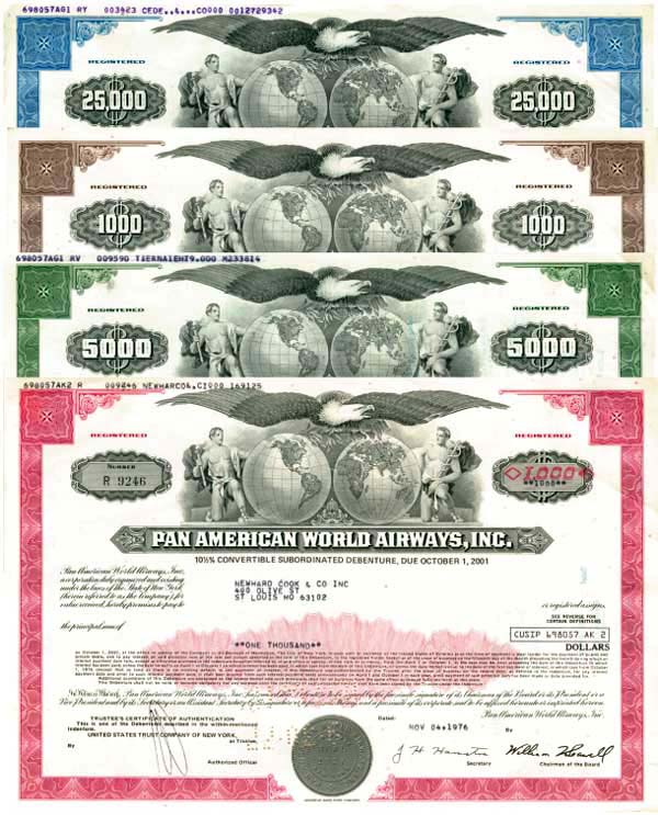 Collection of 4 Different Color Bonds dated 1970's - Pan American World Airways, Inc - Group of 4 Bonds