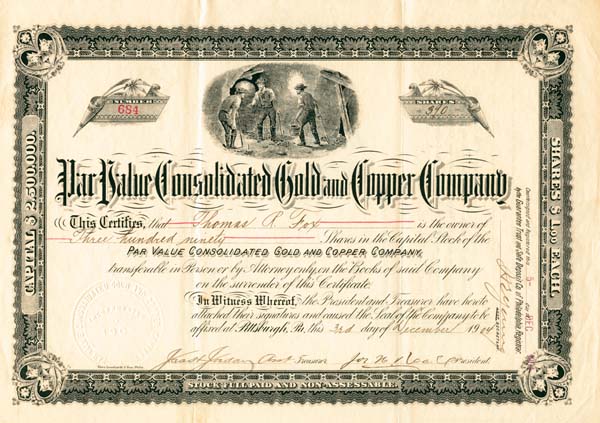 Par Value Consolidated Gold and Copper Co. - Stock Certificate