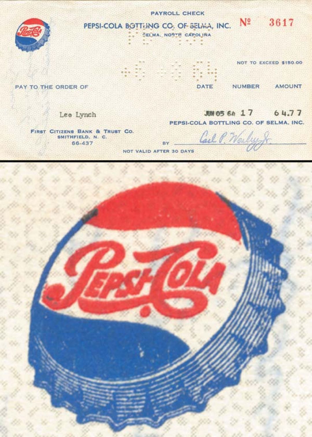 Pepsi-Cola Bottling Co. of Selma, Inc. - dated 1960's Famous Soda North Carolina Check - Measures 3 5/16" Tall by 6 1/2" Wide