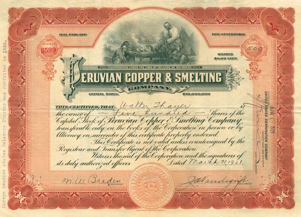 Peruvian Copper and Smelting Co. - Stock Certificate