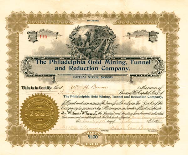 Philadelphia Gold Mining, Tunnel and Reduction Co. - Stock Certificate