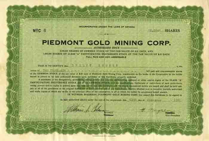 Piedmont Gold Mining Corp. - Stock Certificate