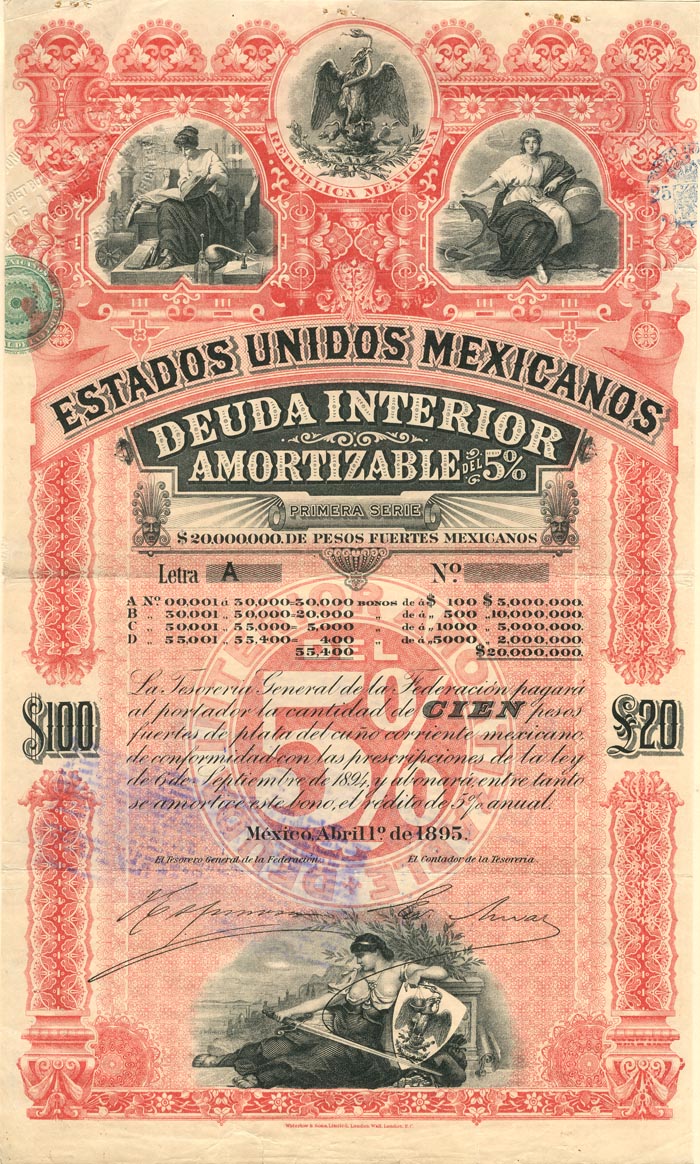 "Pink Lady or Red Diamond" Estados Unidos Mexicanos £20/100 Pesos Bond