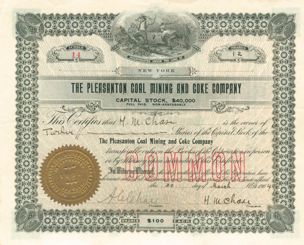 Pleasanton Coal Mining and Coke Co. - Stock Certificate