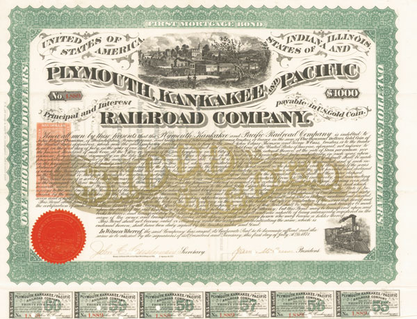 Plymouth, Kankakee and Pacific Railroad Co. - $1,000 Bond