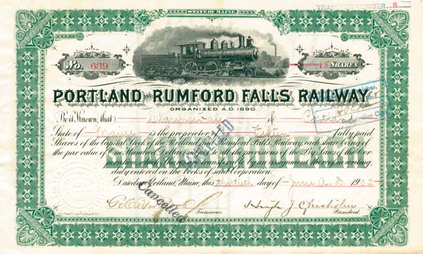 Portland and Rumford Falls Railway Co. - Stock Certificate