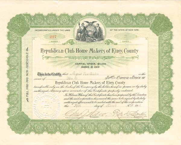 Republican Club Home Makers of Kings County - 1906 dated Stock Certificate