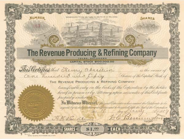 Revenue Producing and Refining Co - Stock Certificate