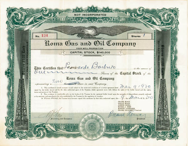 Roma Gas and Oil Co. - Stock Certificate