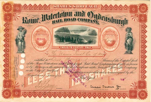 Rome, Watertown and Ogdensburgh Railroad Co. - Railway Stock Certificate