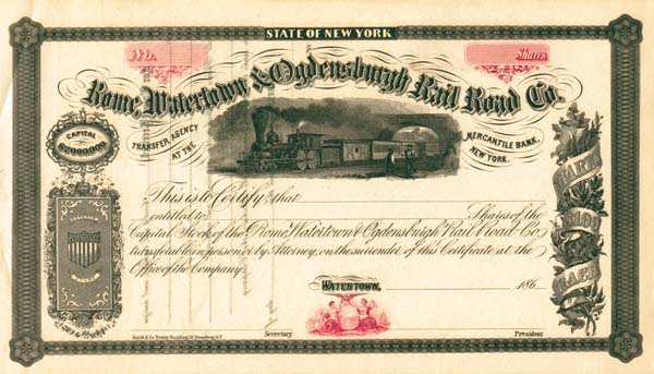 Rome, Watertown and Ogdensburgh Railroad - circa 1860's Unissued Railway Stock Certificate