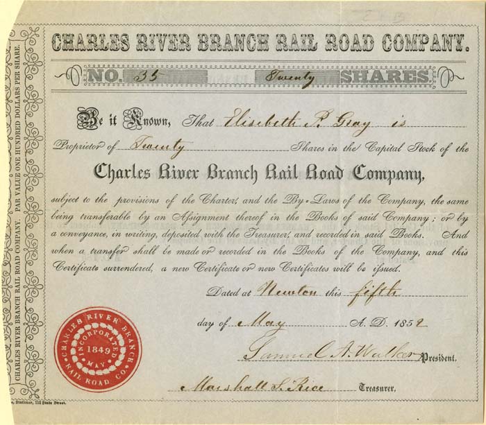 Charles River Branch Railroad - Stock Certificate