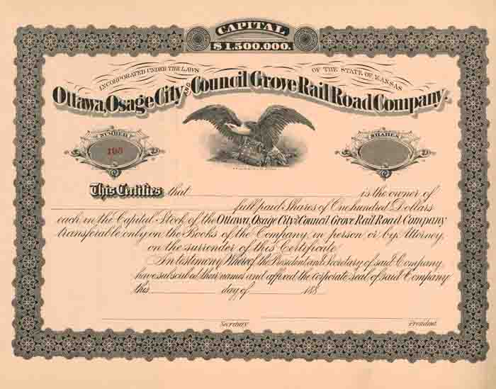 Ottawa, Osage City and Council Grove Rail Road Co. - Unissued Railway Stock Certificate