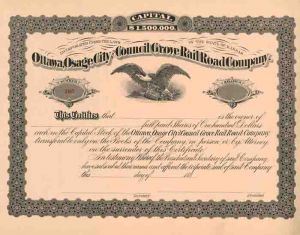 Ottawa, Osage City and Council Grove Rail Road Co. - Unissued Railway Stock Certificate