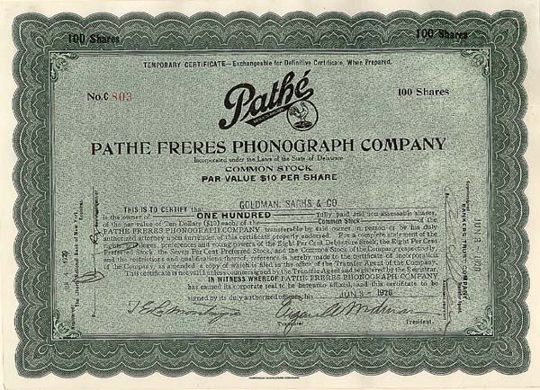 Pathe Freres Phonograph Co. - Stock Certificate