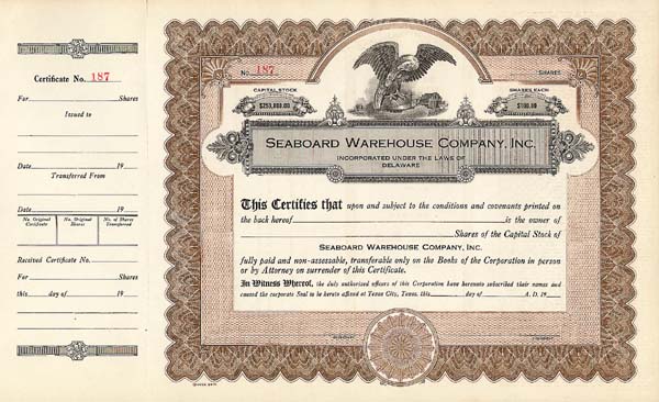 Seaboard Warehouse Co, Inc - Stock Certificate