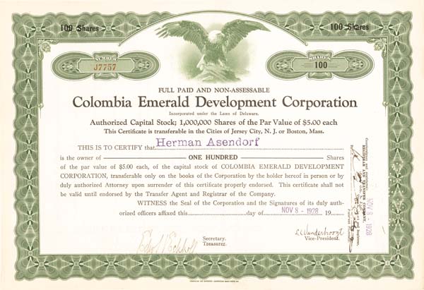 Colombia Emerald Devel Corporation - Stock Certificate