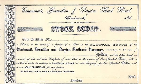 Cincinnati, Hamilton and Dayton - Stock Certificate