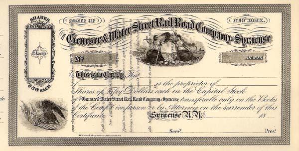 Genesee and Water Street Railroad Co of Syracuse - Stock Certificate