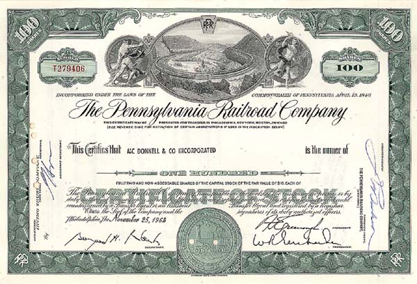 Pennsylvania Railroad Co. - Railway Stock Certificate - Monopoly Game ...